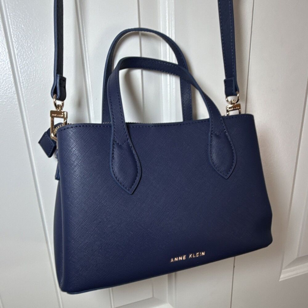 Anne Klein Navy Blue Satchel Gold Hardware Detachable Adjustable Strap Pockets - Picture 13 of 13